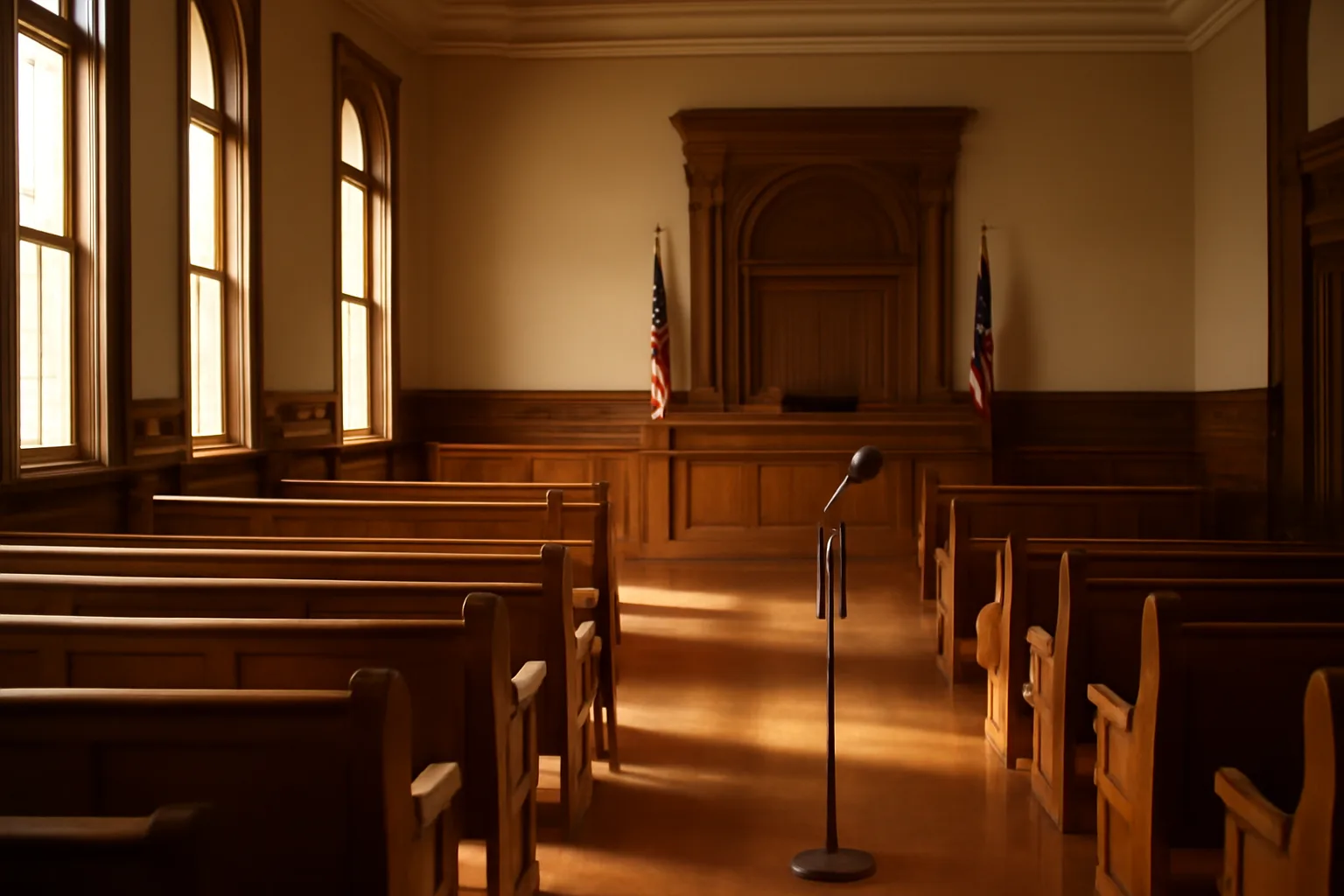 Empty Texas county courtroom with wooden benches and morning light, awaiting court translator proceedings
