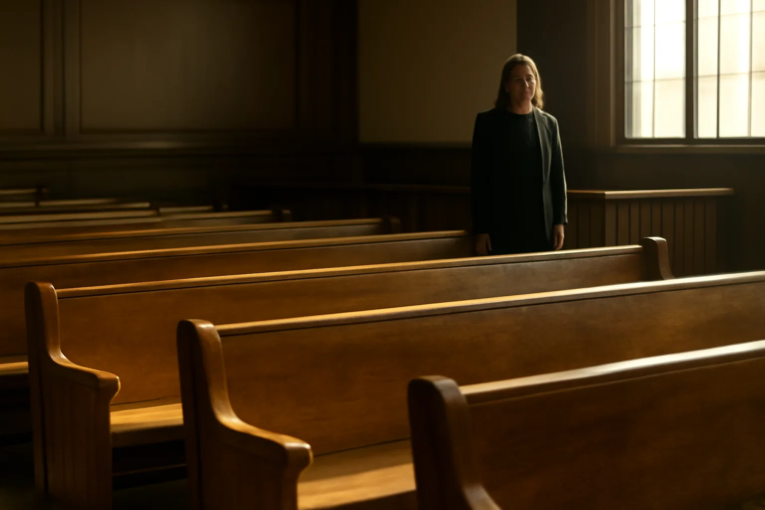 Candidate waits in a sunlit courtroom before a court translator exam