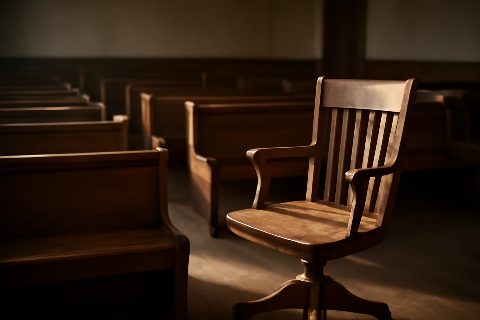 Empty county courtroom benches for a court translator first year