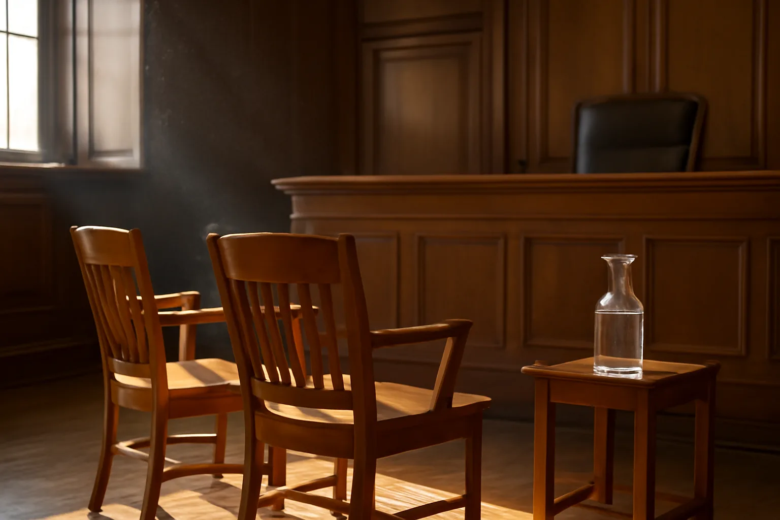 Empty sunlit hearing room waiting for a court translator