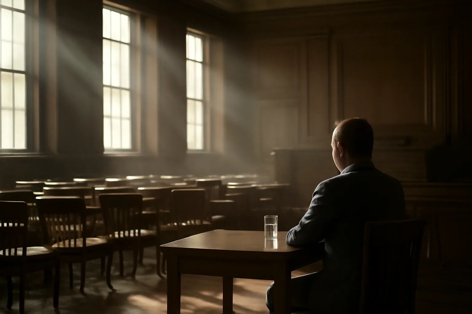 Court translator waiting at a side table in an empty courtroom