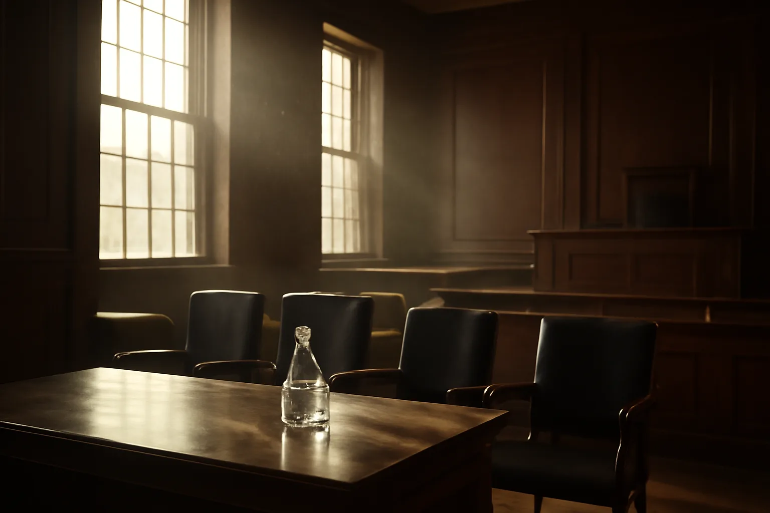 Empty sunlit courtroom where a court translator would wait