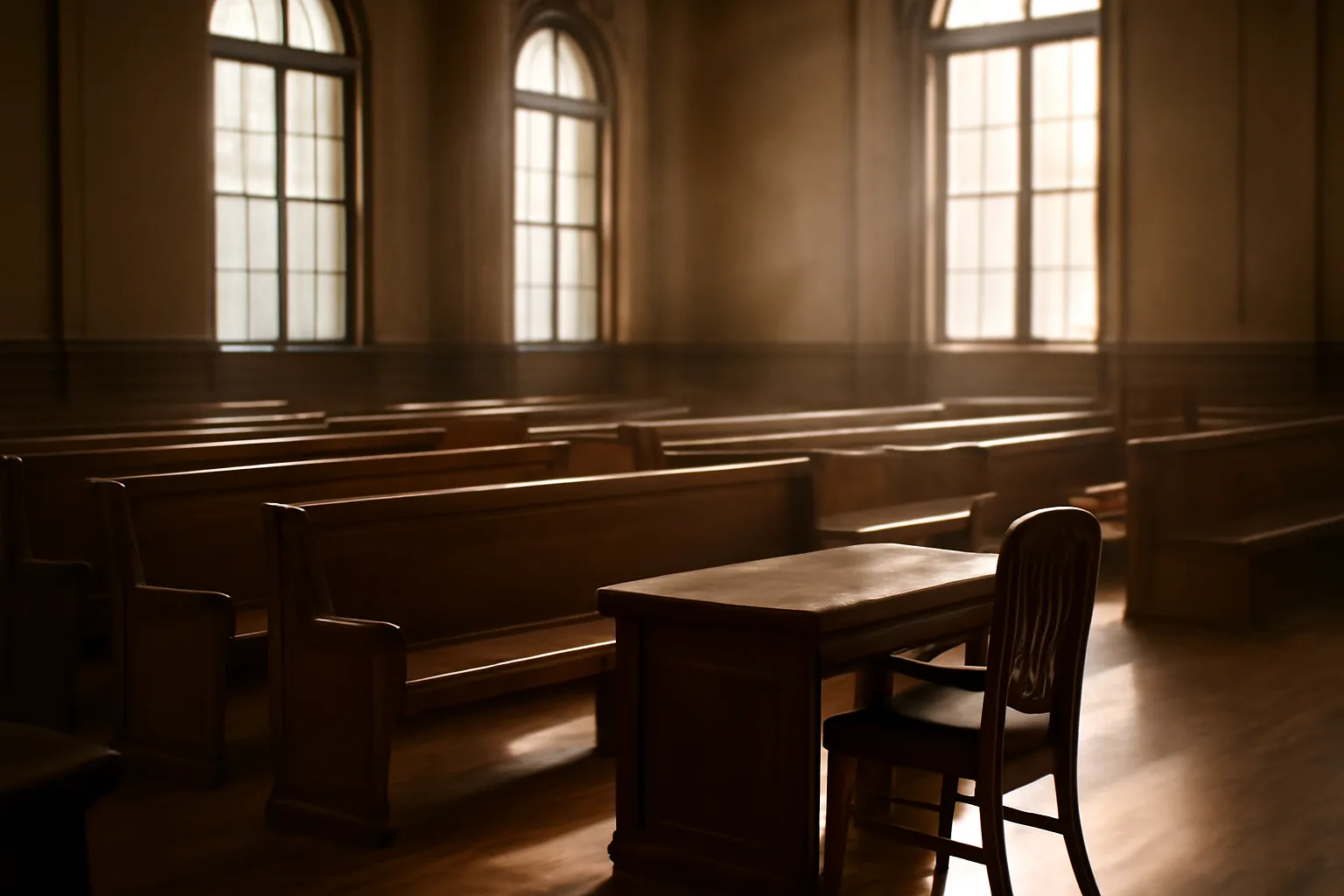 Sunlit empty courtroom benches waiting after a court translator calendar