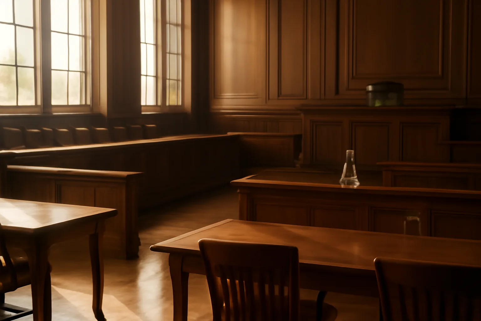 Empty sunlit courtroom where a court translator would work
