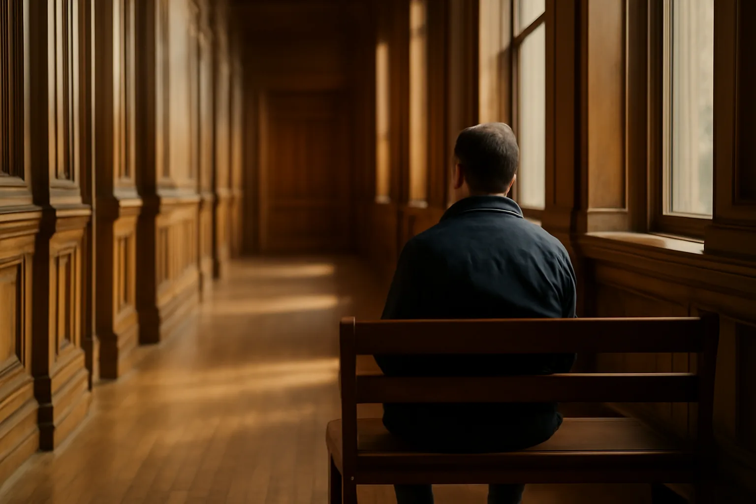Person waiting on a wooden courthouse bench before court translator work