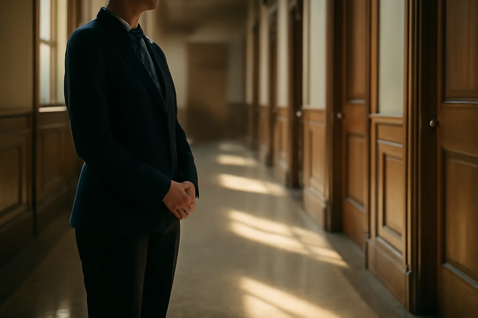 Person waiting in a courthouse hallway before court translator work