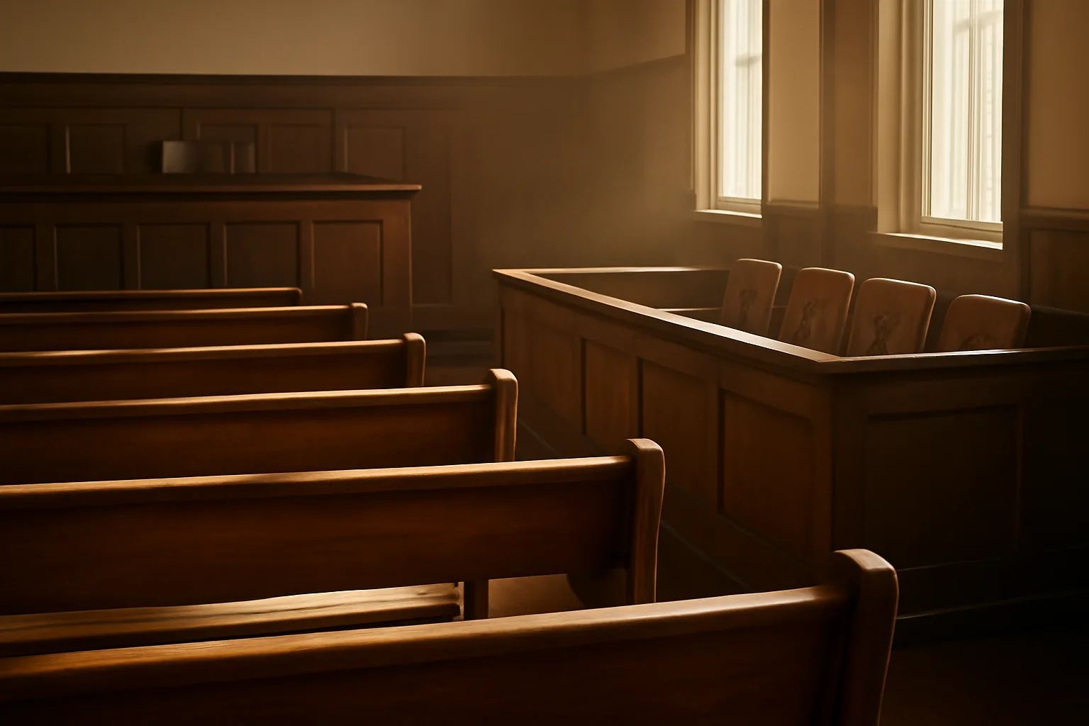 Empty county courtroom benches before a court translator assignment