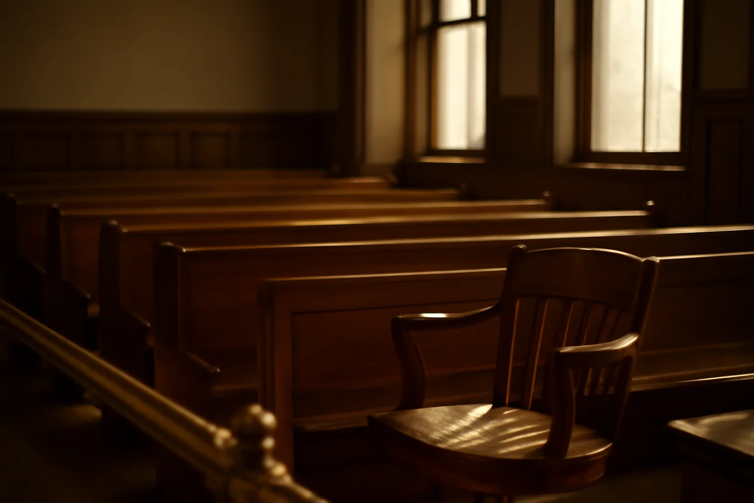Sunlit empty courtroom benches near a wooden witness chair