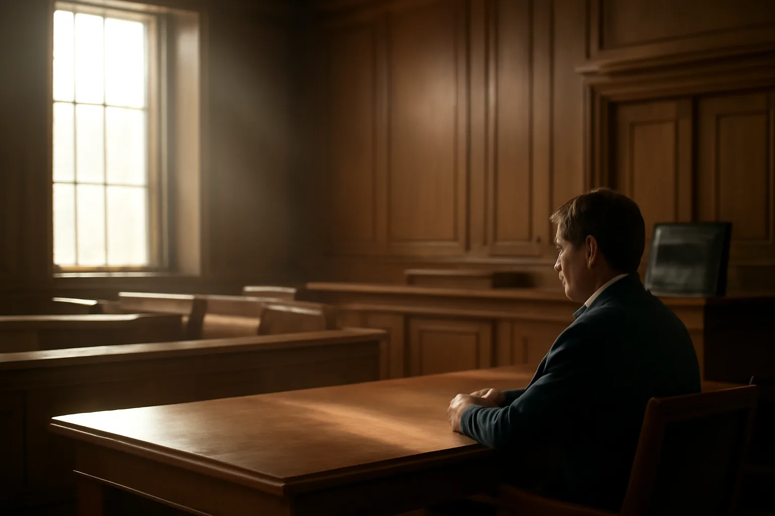 Person seated alone in a courtroom thinking through court translator work