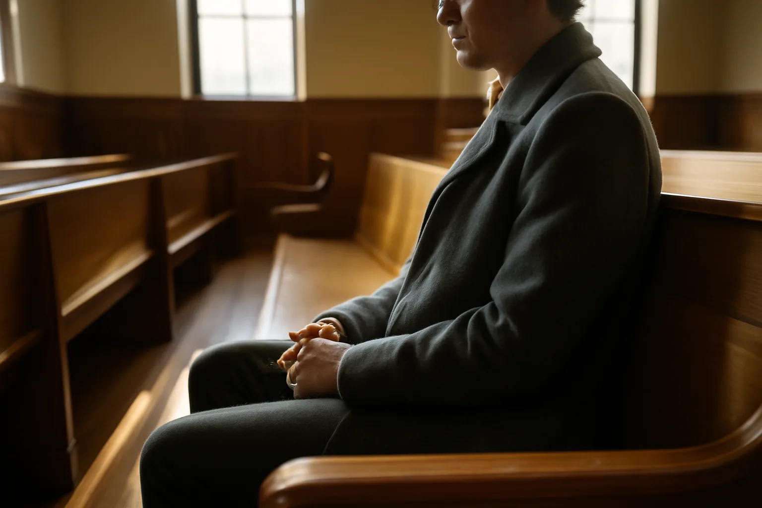 Seated person in a quiet California courtroom gallery before a hearing