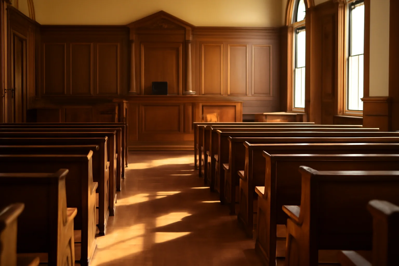 Empty Tennessee courtroom with wood paneling and morning sunlight through tall windows