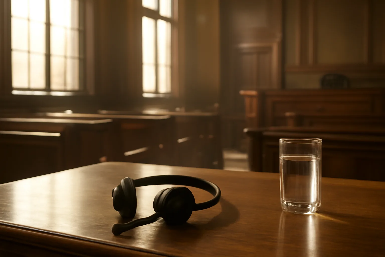 Headset on a courtroom table for court translator work