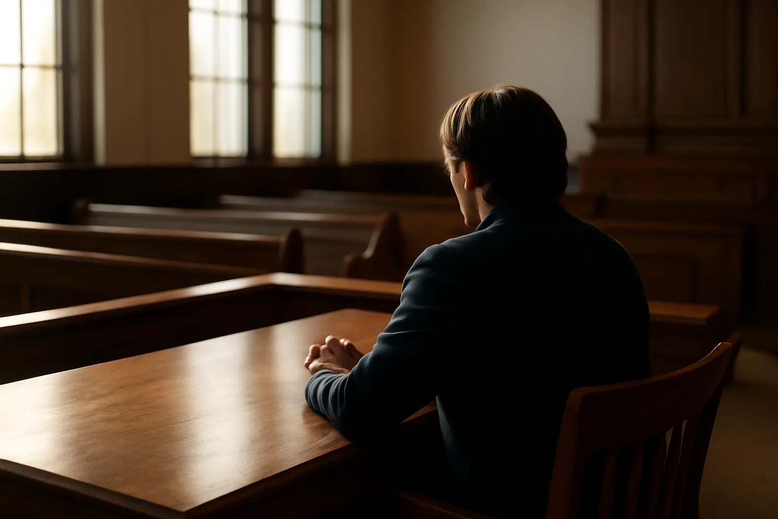 Person seated at oak table in empty courtroom for court translator work