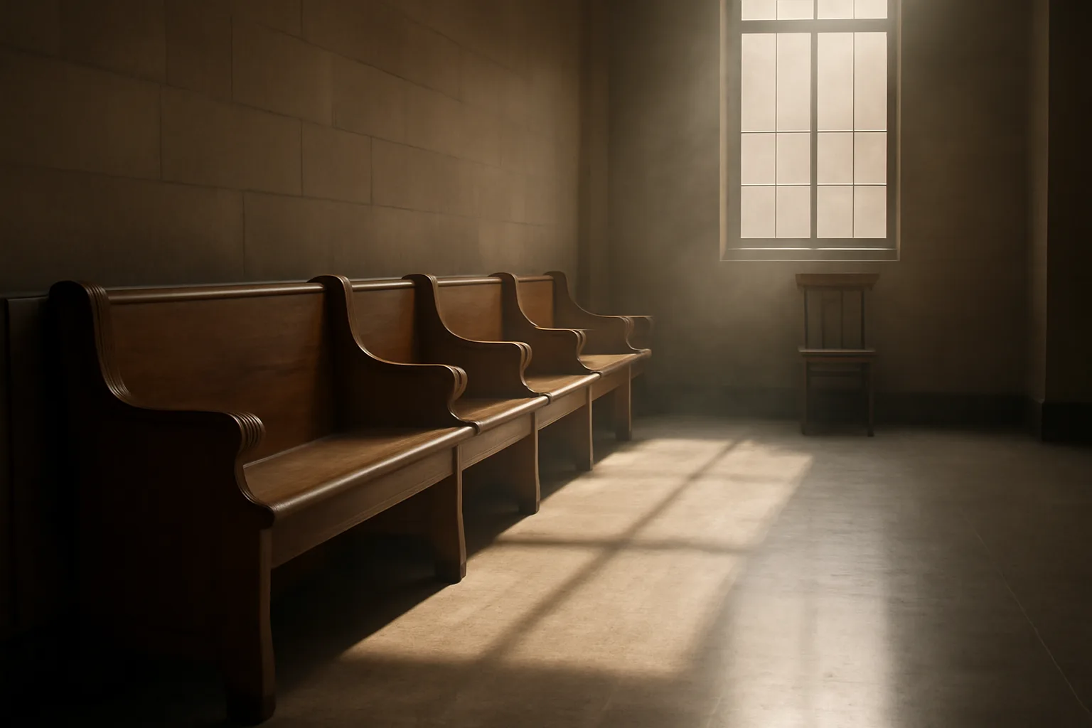 Empty oak courthouse benches in morning light for court translator work