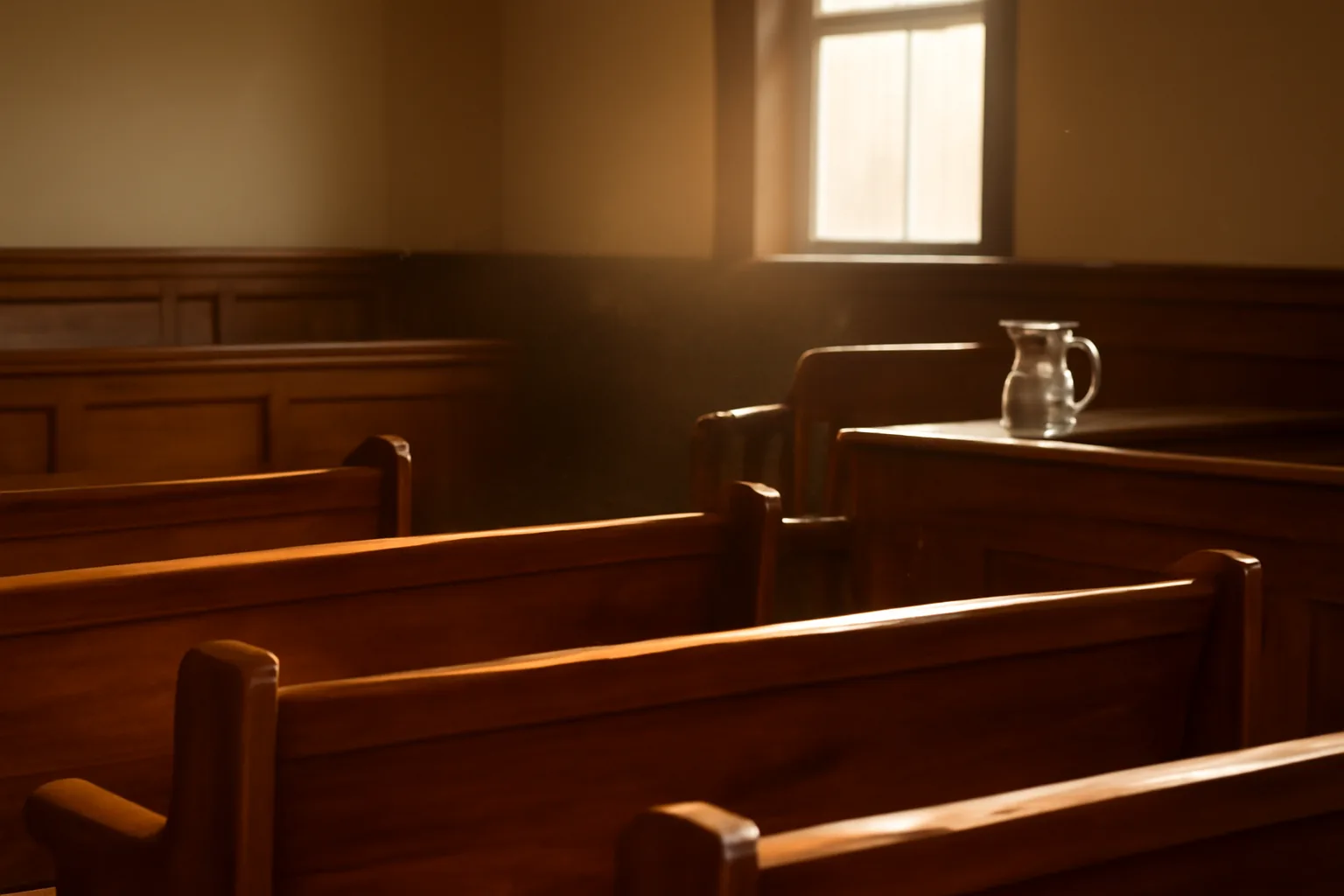 Sunlit empty Alabama courtroom where a court translator would work