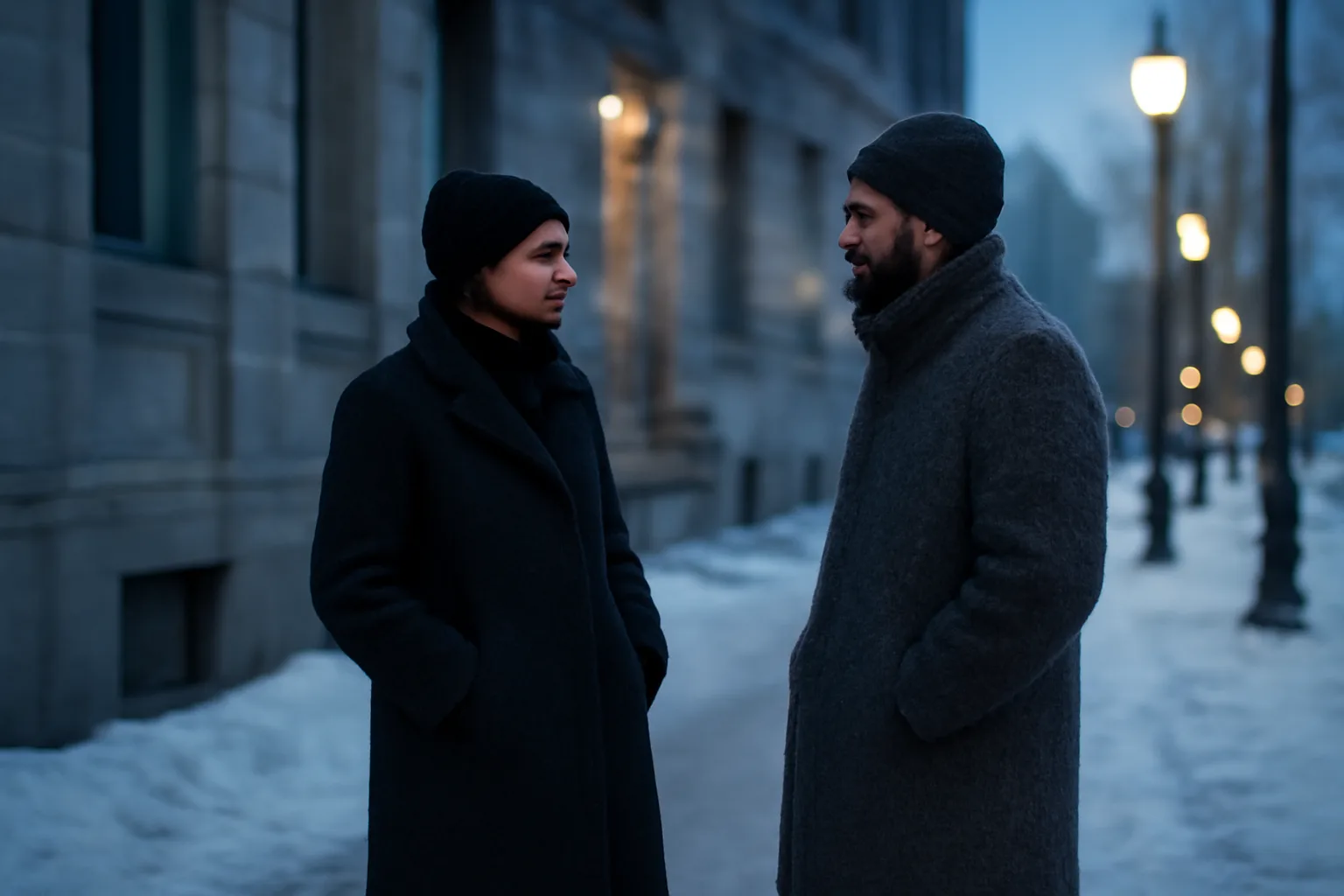 Two people talking on a snowy Anchorage street near court work