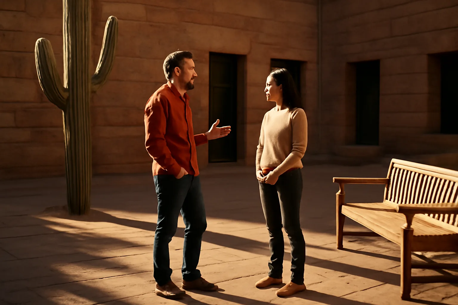 Two people talking near an Arizona court setting in afternoon light