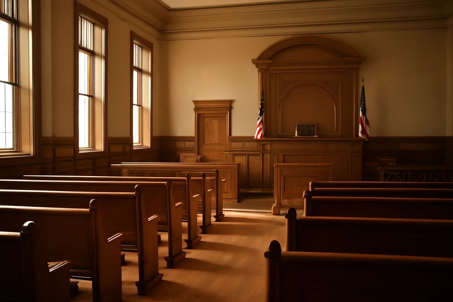 Empty Tennessee state courtroom with morning light on wooden benches, no people