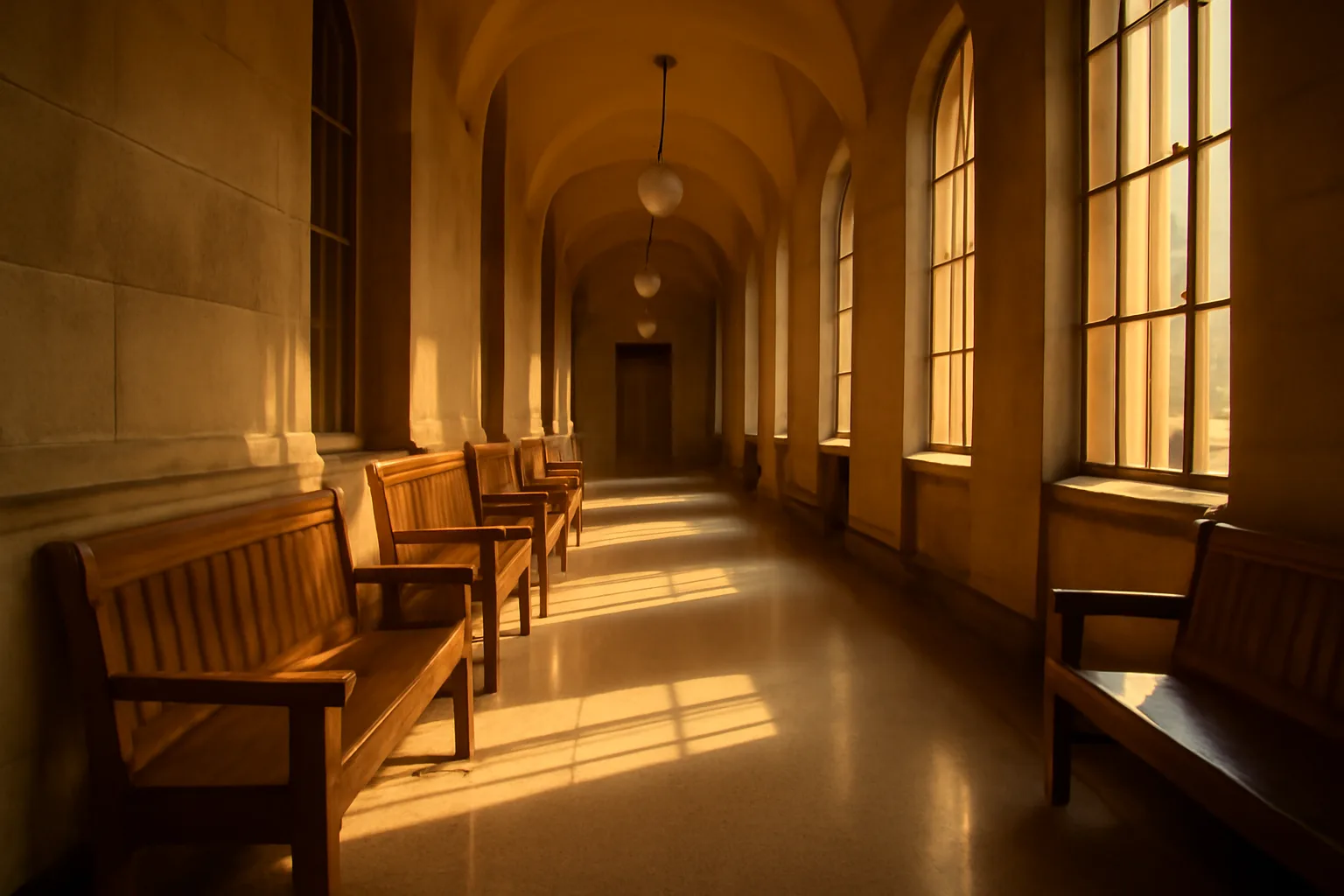 Sunlit Texas courthouse hallway with wooden benches and arched windows