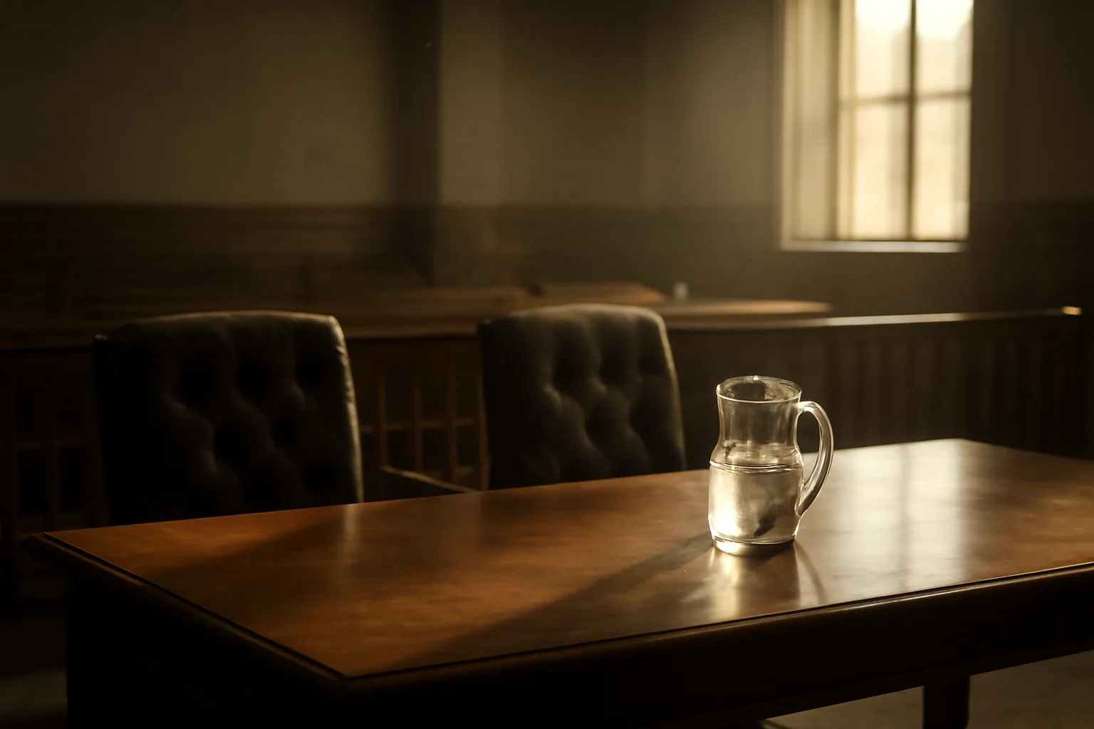 Empty Montgomery courtroom table used in Alabama court translator work