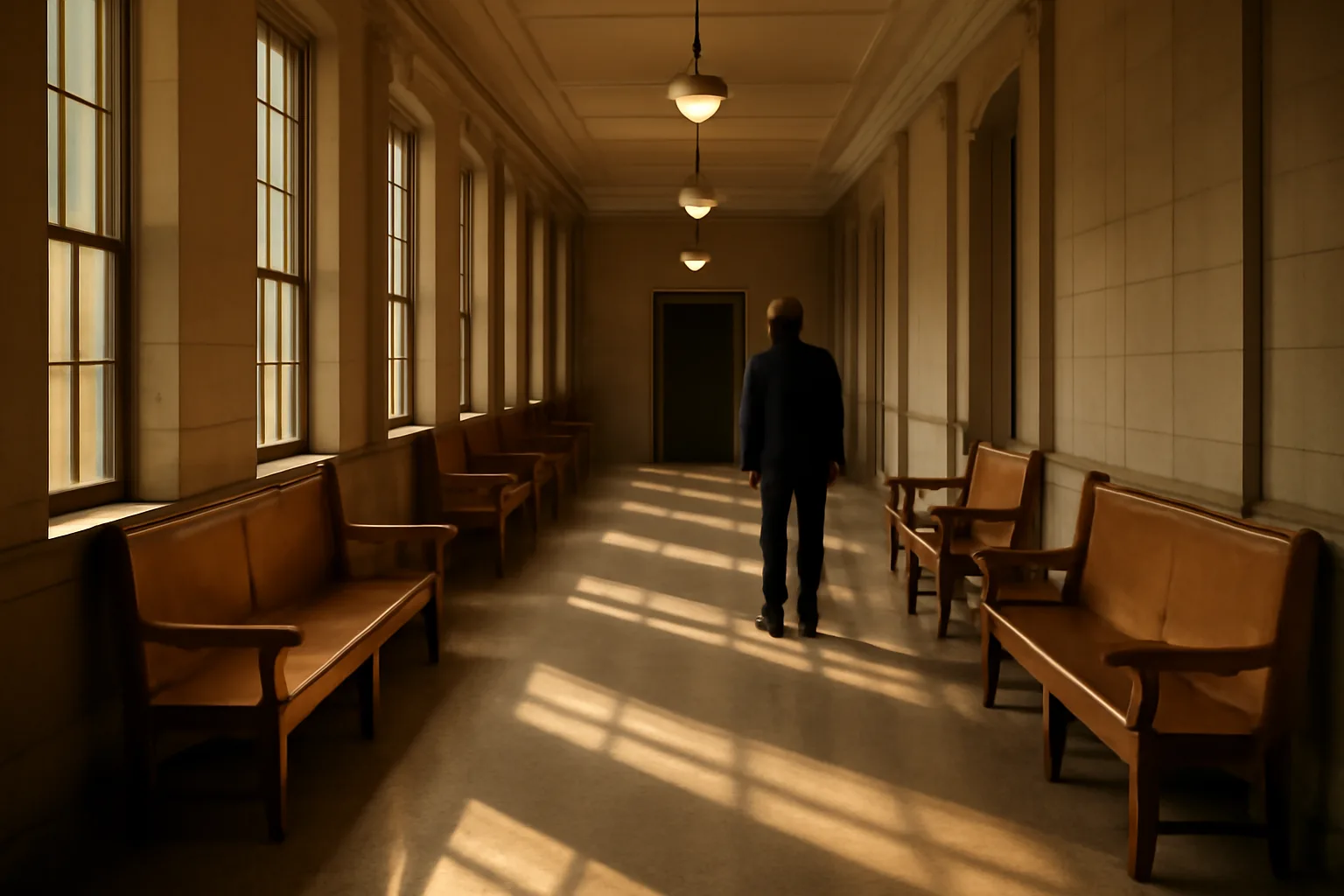 Person waiting in a sunlit Alabama courthouse hall for court translator work