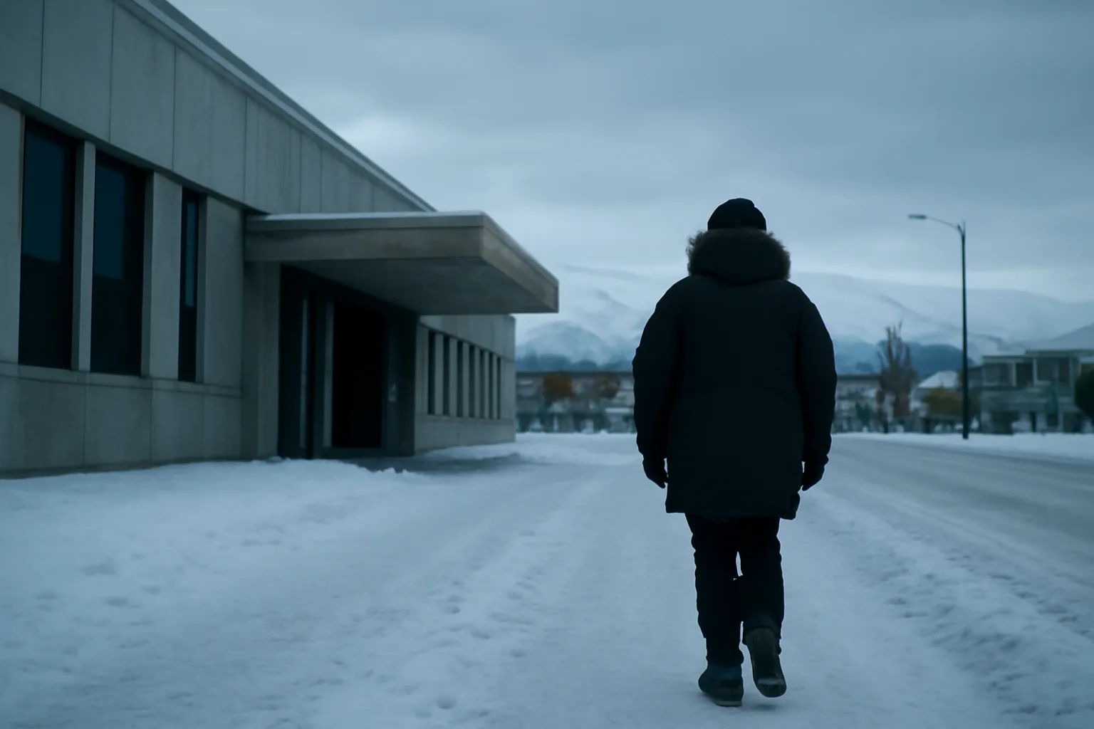 Person walking through snow toward an Anchorage building for court translator work