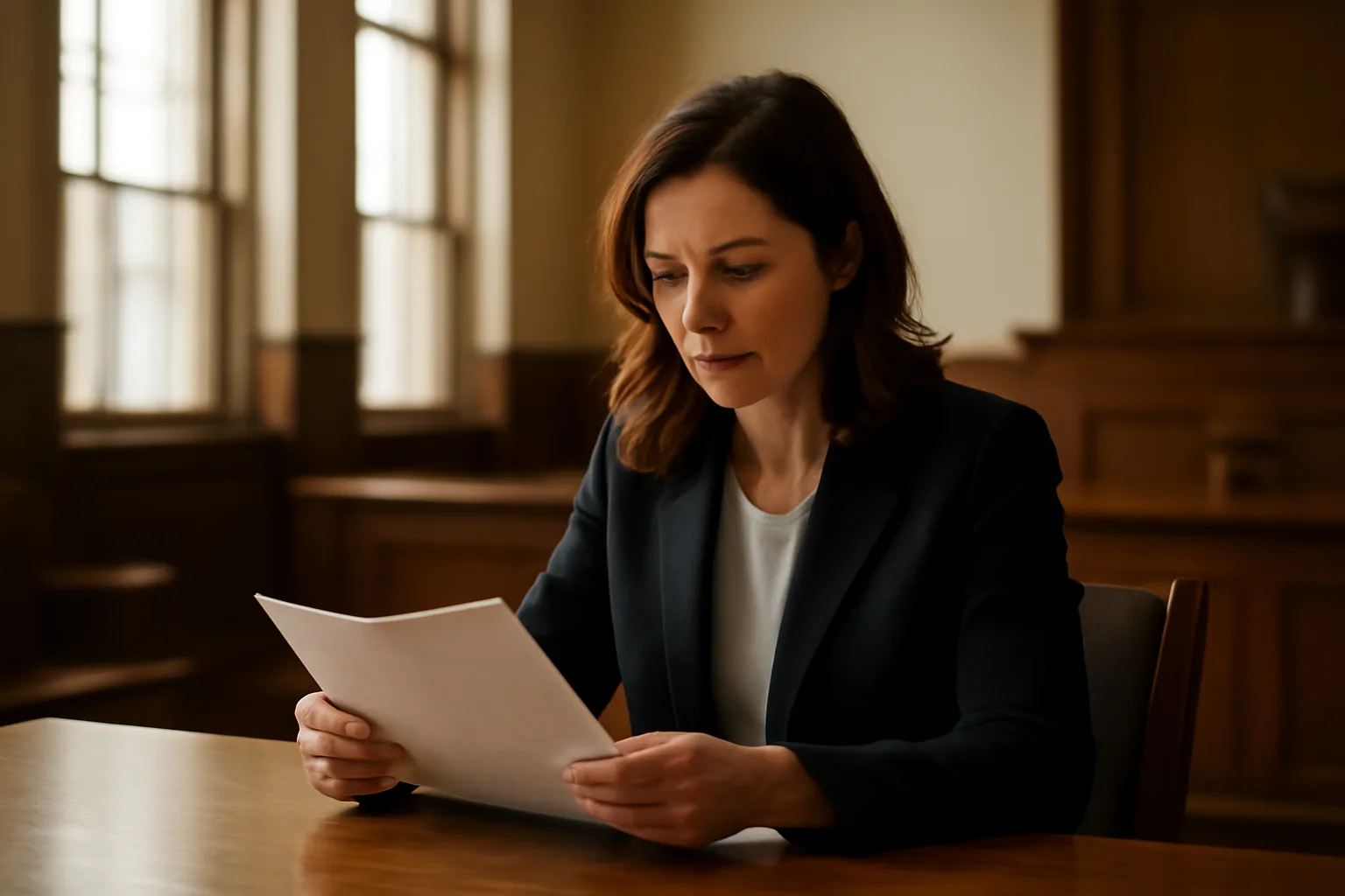 Woman reviewing documents in a sunlit Tennessee courtroom setting