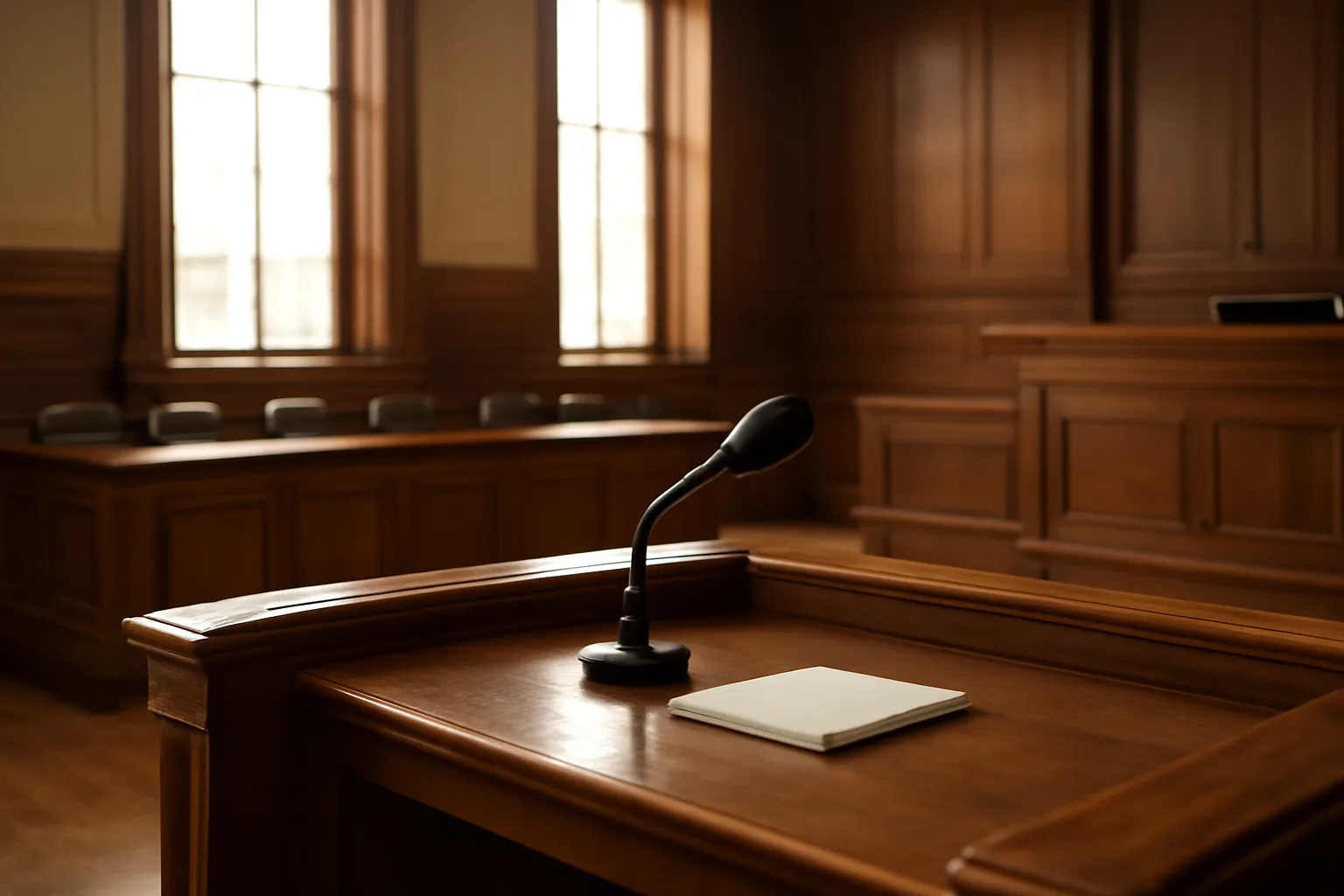 Empty Texas courtroom with morning light and a microphone at the witness stand
