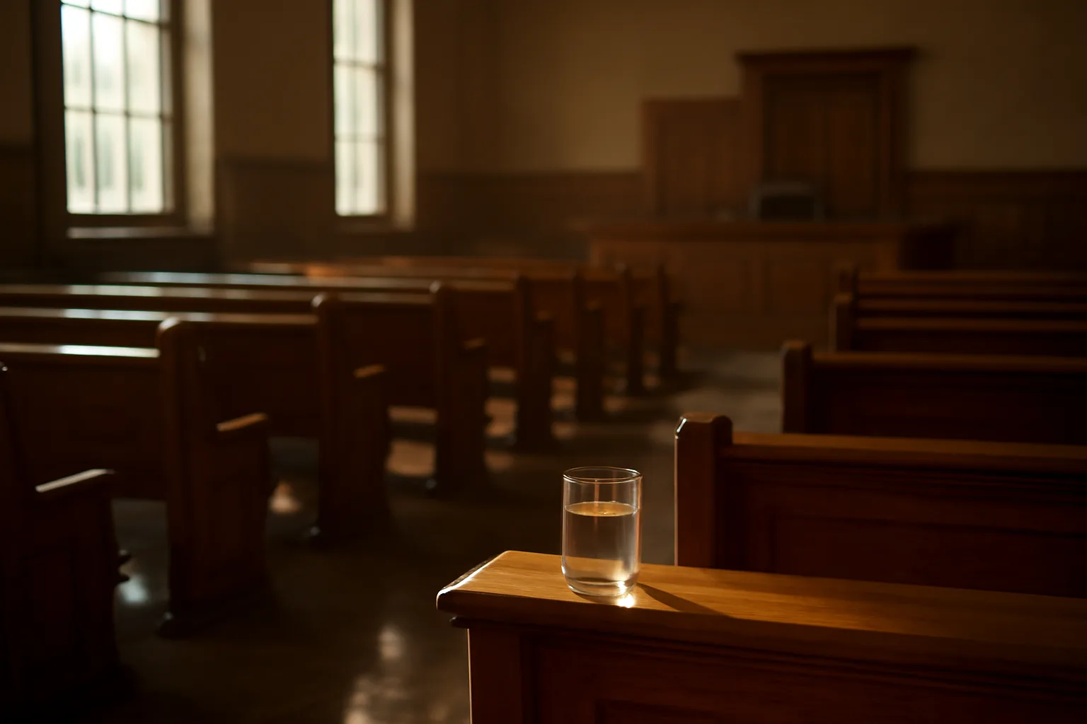 Empty Little Rock courtroom benches in afternoon light for court translator work