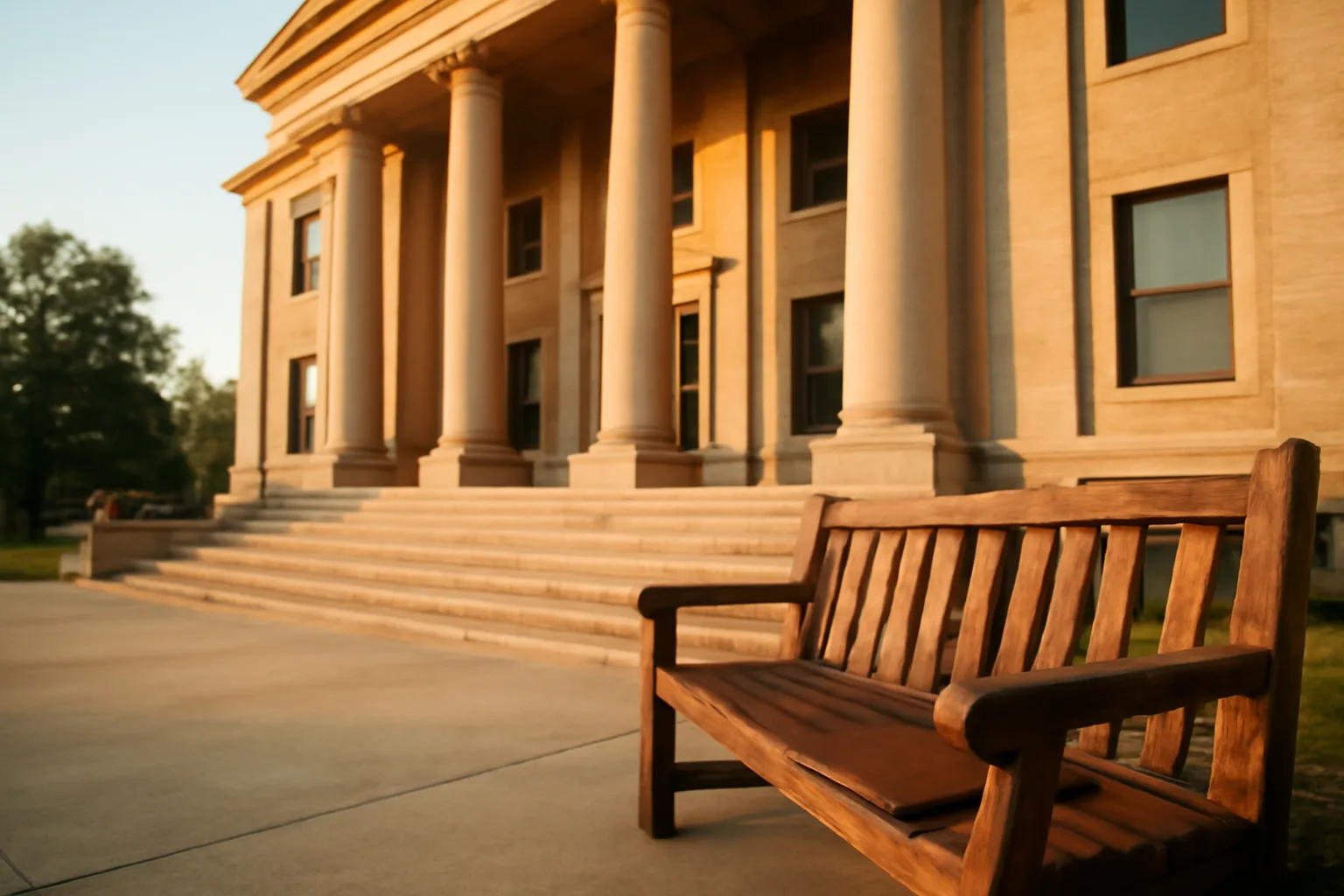 South Dakota county courthouse exterior at dawn with an interpreter's portfolio on a bench
