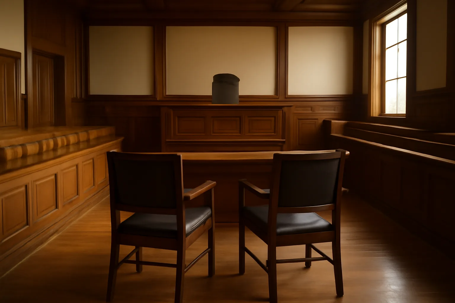 Empty Texas courtroom with wooden benches and judge's bench in natural light