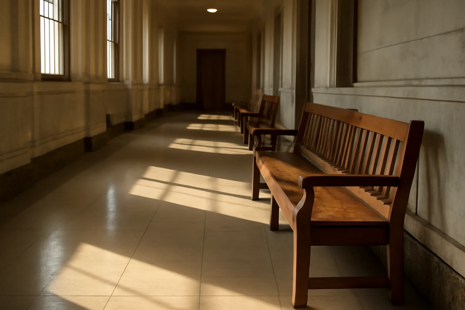 Empty courthouse hallway with wooden benches and morning light, Utah court setting